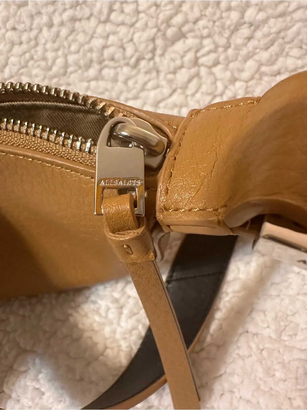 All Saints Tan Crescent Leather Crossbody Bag